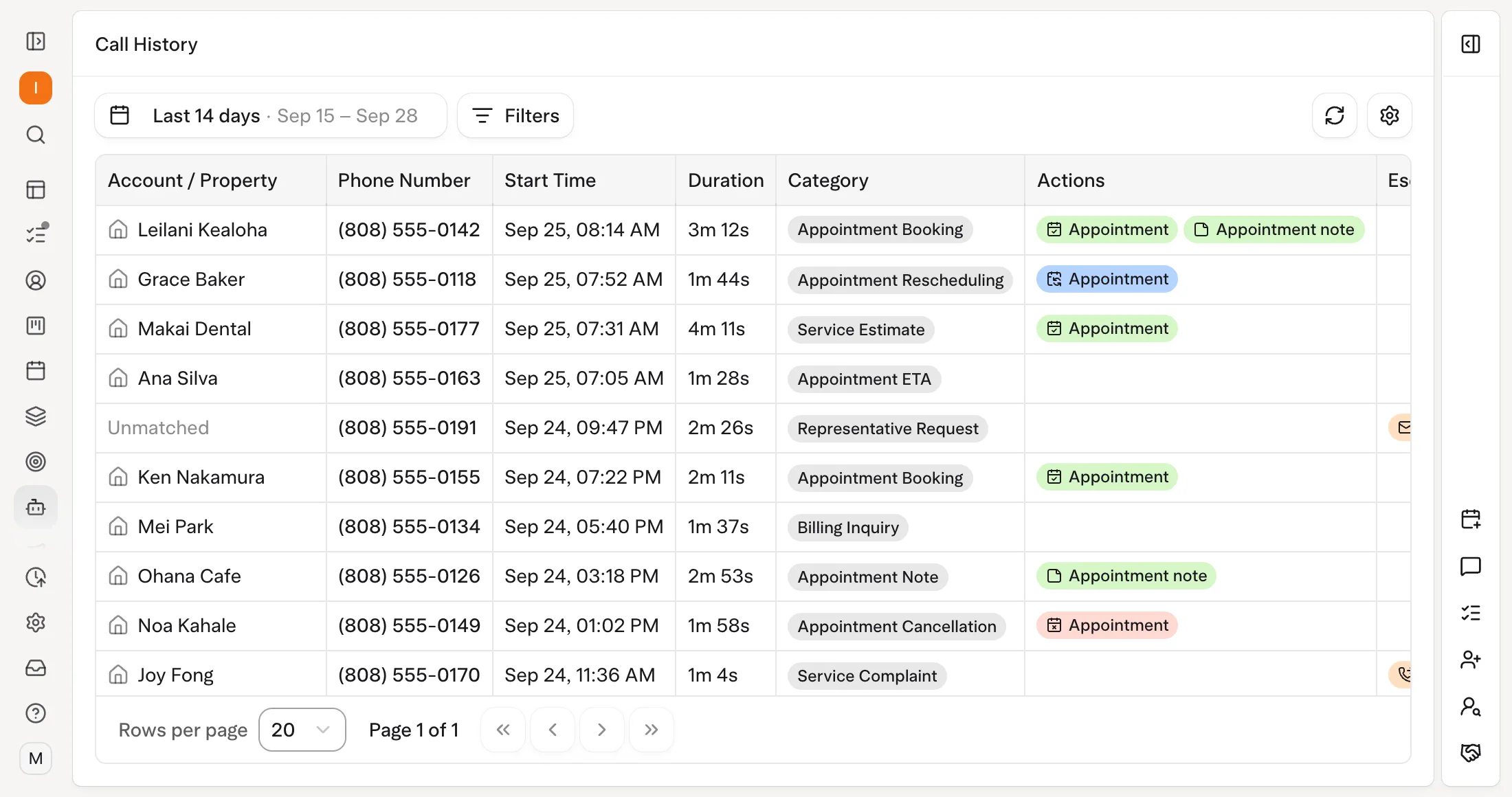 Solea app: Voice AI Call History, each call with its category and what the agent did (demo data)
